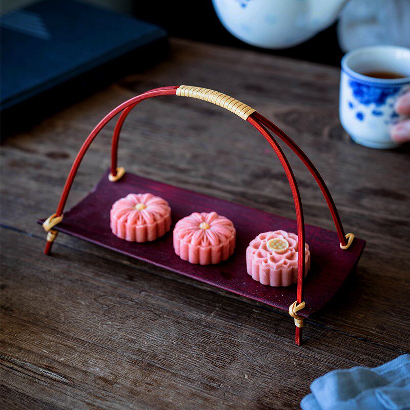 BJ中式复古手工竹制手提婚庆水果盘点心盘糖果糕点盘零食干果托盘