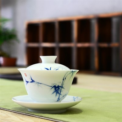 手绘青花瓷三才盖碗180ml不烫手功夫茶盖碗茶杯单个高档泡茶盖碗
