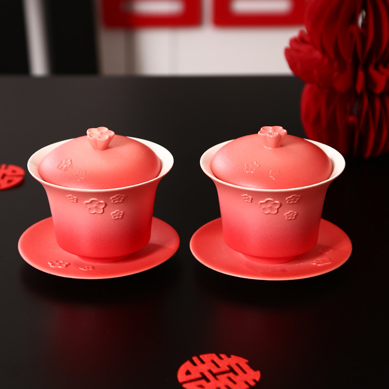 结婚敬茶杯子套装改口敬酒茶杯红色喜碗婚礼对碗女方娘家陪嫁用品