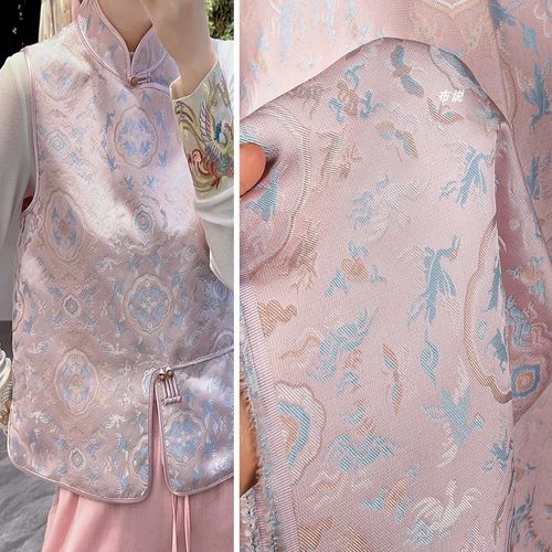 浅粉色 鹤鹿同春提花宋锦织锦缎面料 中式外套马甲汉服马面裙布料