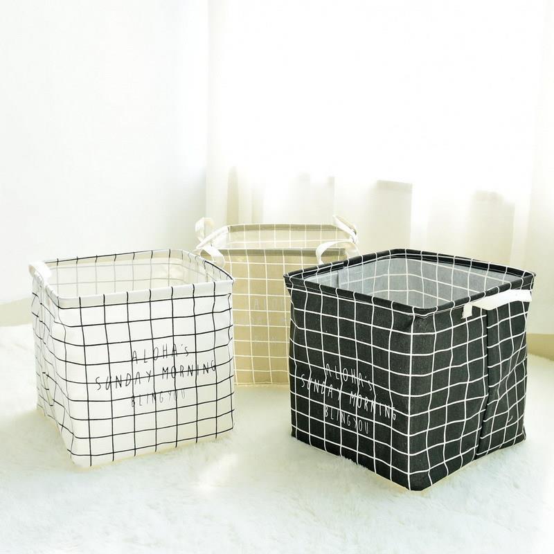 新款 北欧布艺方格子收纳筐折叠防水脏衣篮棉麻杂物收纳篮0912