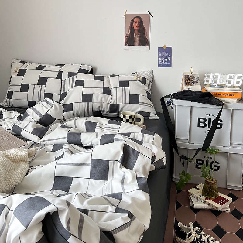 黑白空间~棋e盘格四件套水洗棉1.8床上用品被套单人学生宿舍三件