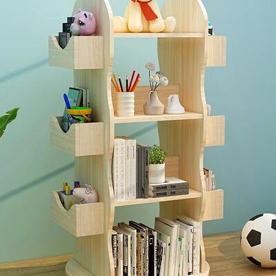 实木儿童旋转书架落地学生绘本架简易多层客厅置物收纳架g&