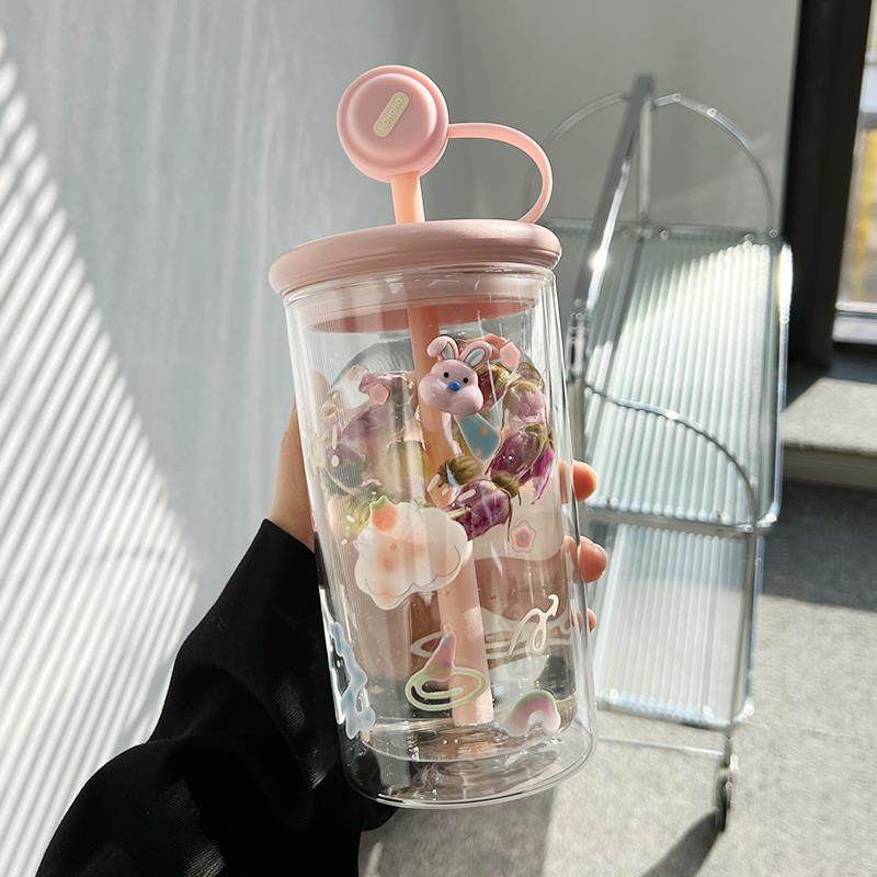双层玻璃杯女生高颜值2025新款大容量带茶漏家用喝水牛奶吸管杯子