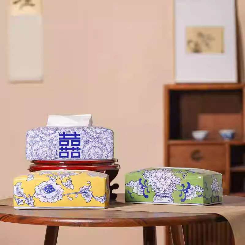 青花瓷纸巾盒客厅茶几新中式喜字青花桌面餐巾抽纸盒家用客厅简约