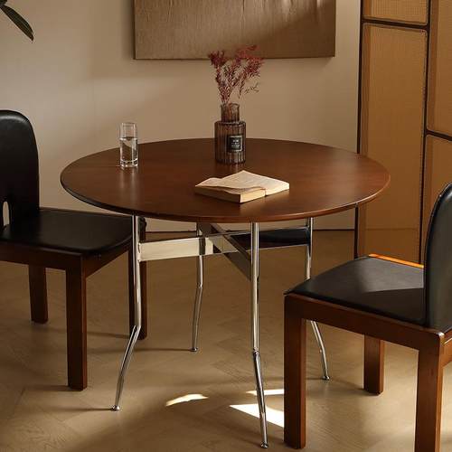 中古风实木餐桌家用小圆桌复古可折叠桌子圆形饭桌阳台桌椅子咖啡