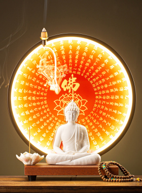 陶瓷释迦摩尼佛大日如来佛像客厅创意玄关禅意装饰画心经灯圈摆件
