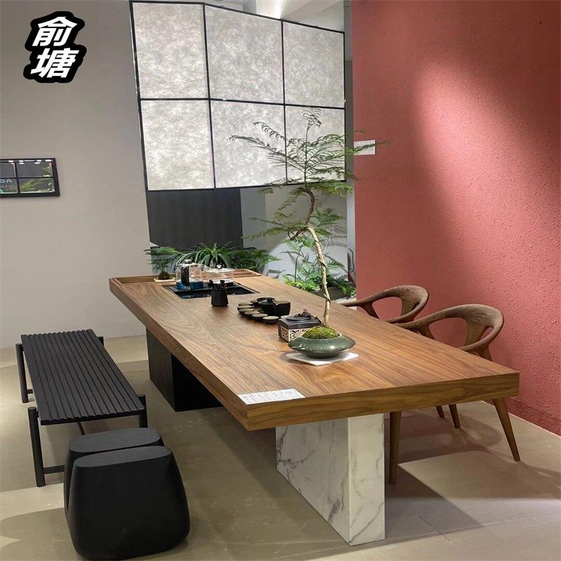 俞塘新中式实木大板茶桌椅组合2024高端别墅岩板黑胡桃办公泡茶桌