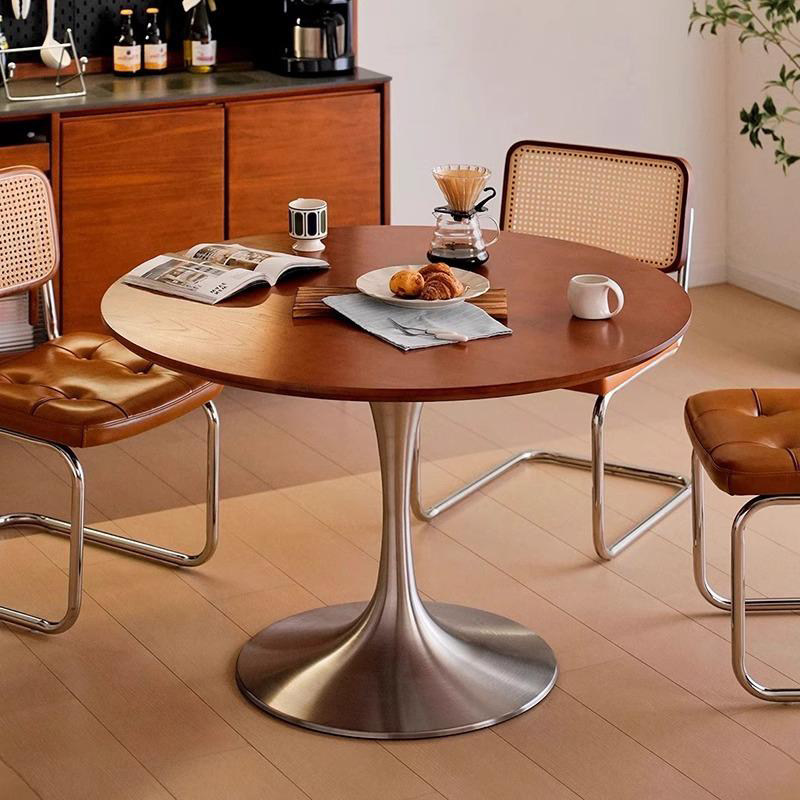 北欧实木中古风圆形餐桌郁金香圆桌简约不锈钢小户型包豪斯餐厅桌