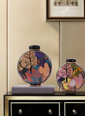 欧式古典扁形彩绘陶瓷储物罐装饰品书房玄关客厅玄关酒柜创意摆件