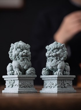 创意青砂石中国风石狮子一对茶宠摆件家居客厅鱼缸造景桌面装饰品