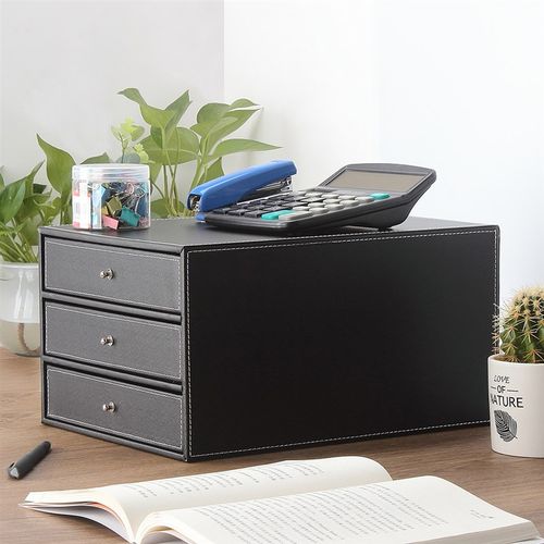 多层商务皮革A4桌面文件柜三层抽屉资料柜整理分类档案柜办公用品