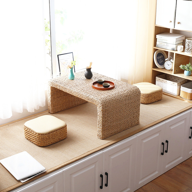 草编榻榻米茶几日式禅意矮桌飘窗桌子蒲团坐垫小方桌炕桌阳台茶桌