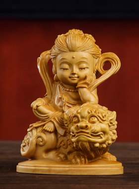 黄杨木雕文殊普贤观音菩萨实木雕刻本命佛手把件家居装饰桌面摆件