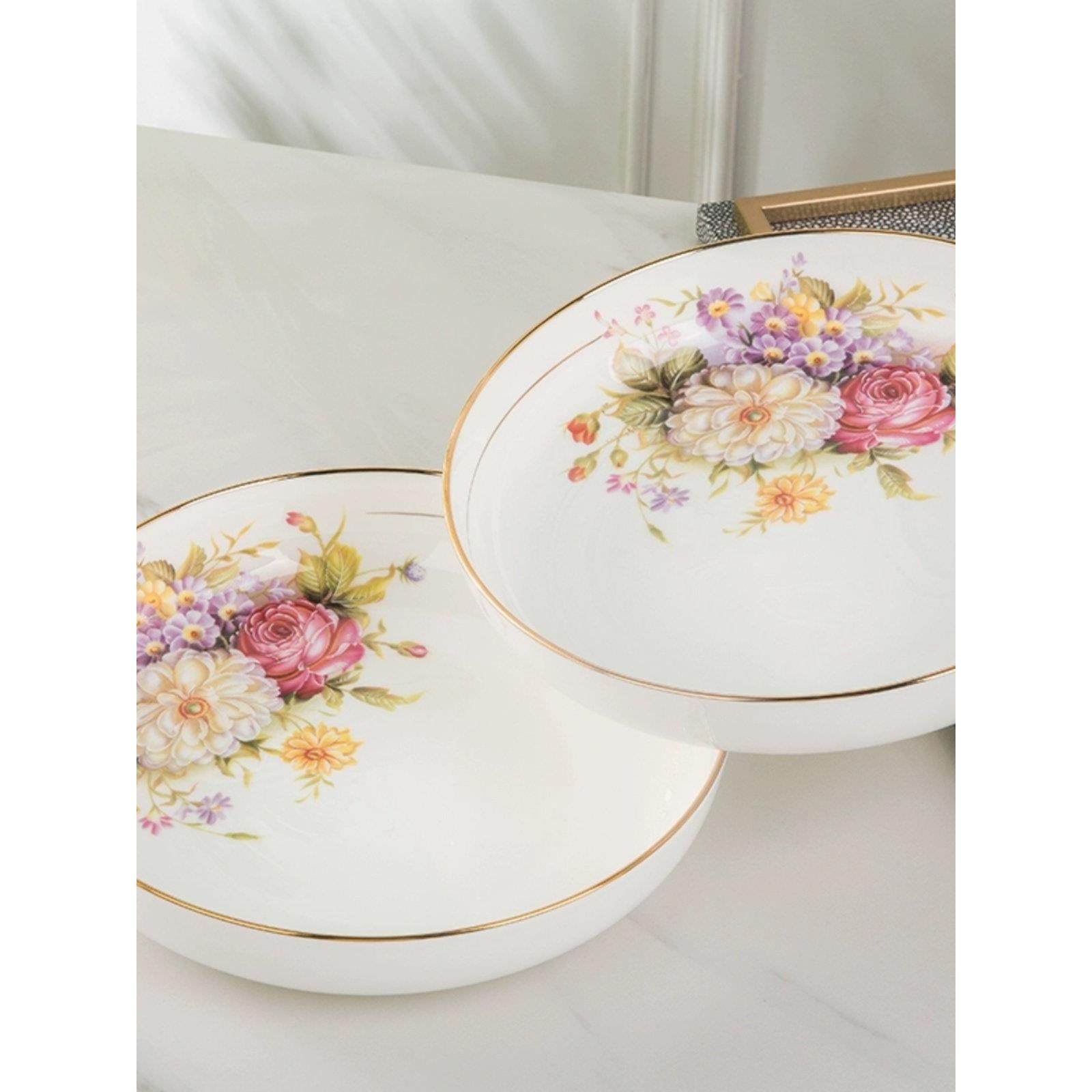 欧式玫瑰花盘子瓷盘子金边窝盘家用深口蒸鸡蛋羹盘子深盘沙拉盘,餐饮具,盘,淘宝优惠券,粉丝福利购,淘宝优惠卷