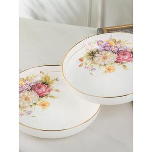欧式玫瑰花盘子瓷盘子金边窝盘家用深口蒸鸡蛋羹盘子深盘沙拉盘