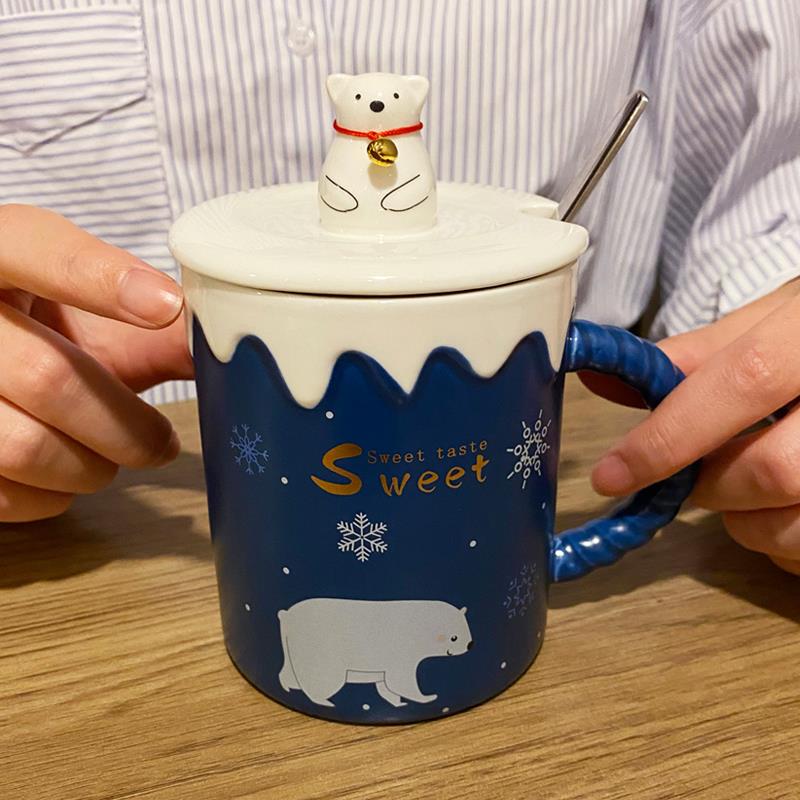 韩式马克杯带盖子勺卡通北极熊女生恒温杯耶诞礼物定制陶瓷杯子可