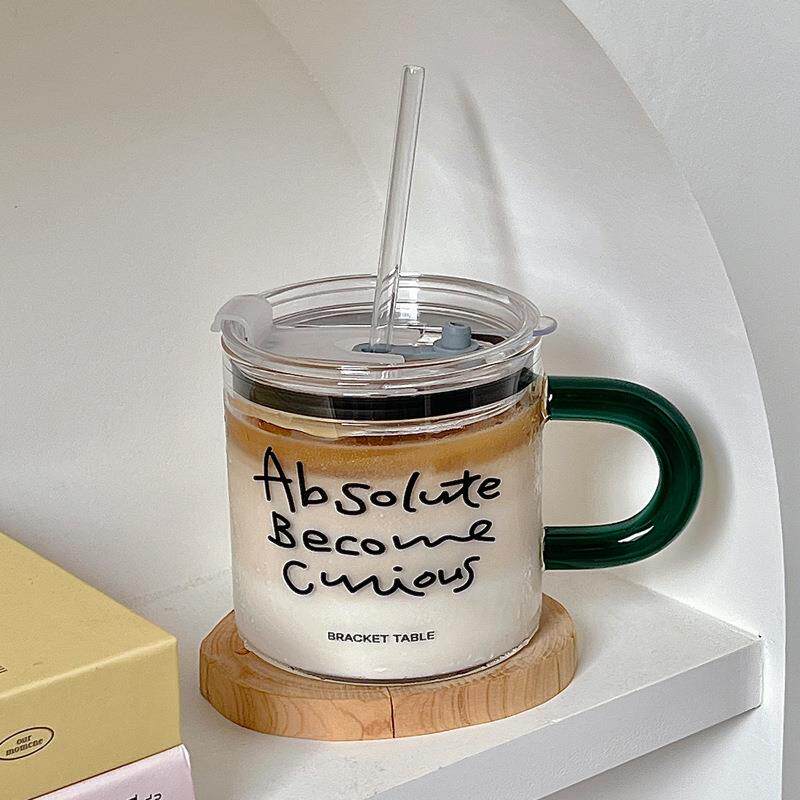 【600ml玻璃吸管杯】字母卡通高硼硅玻璃水杯牛奶杯带把家用杯子