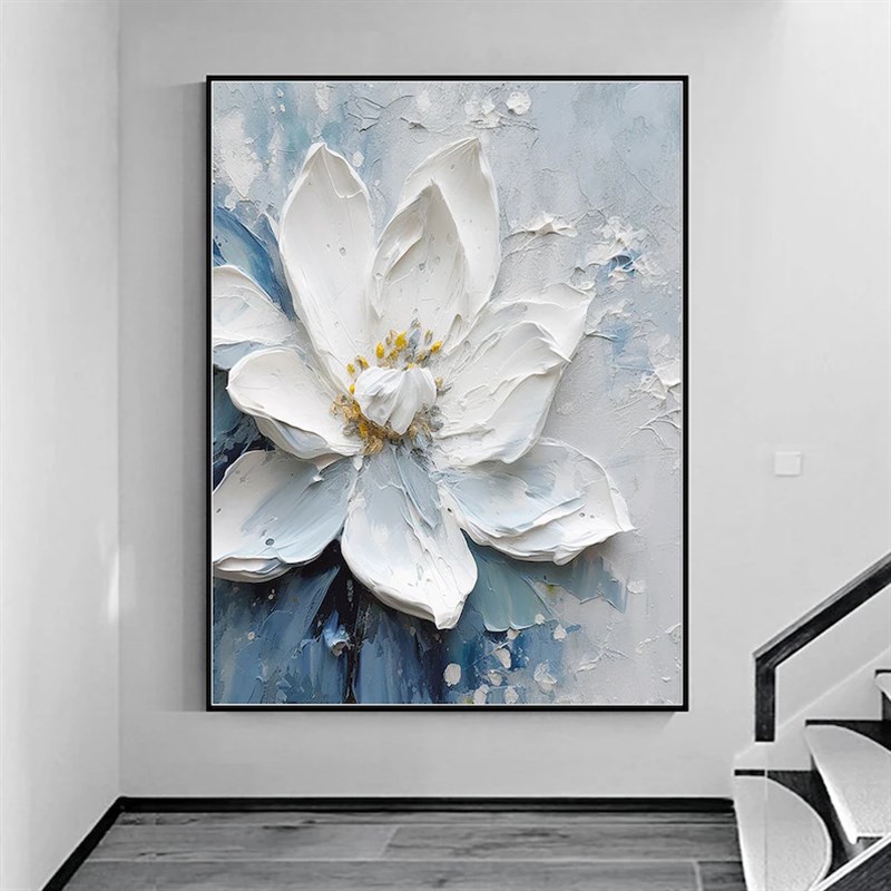 大芬村手绘油画抽象白色花卉肌理立体高级客厅装饰画玄关卧室挂画图片