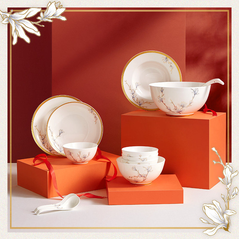 玛戈隆特骨瓷餐具进博会珐琅彩家用套装中式碗盘勺子釉下彩汤面碗