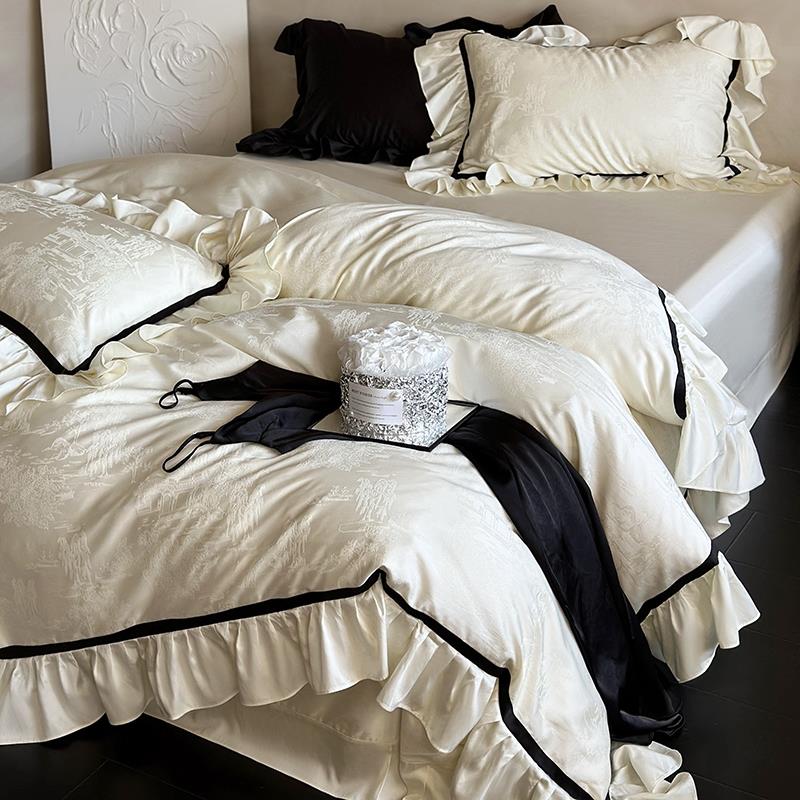 A类法式提花贡缎天丝全棉床上四件套中式国风顺滑被套轻奢公主风4