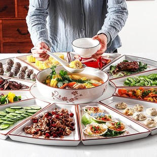 抖音拼盘家用中式 创意餐具组合摆盘聚会火锅餐盘圆形大盘聚餐菜盘