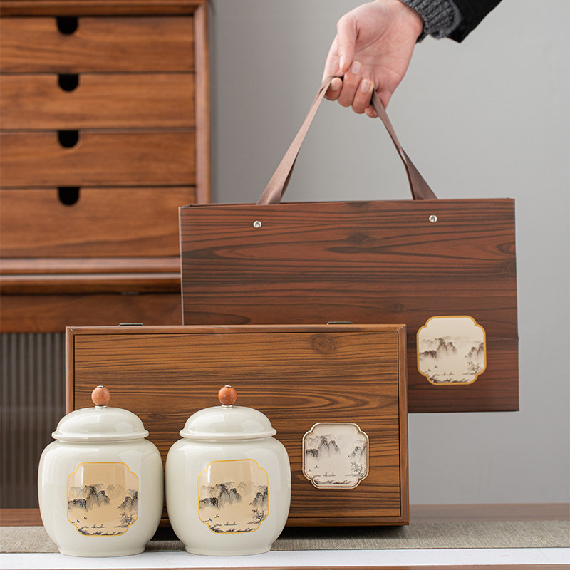 高档茶叶包装盒空礼盒复古国风山水陶瓷茶叶密封罐红茶普洱半斤装