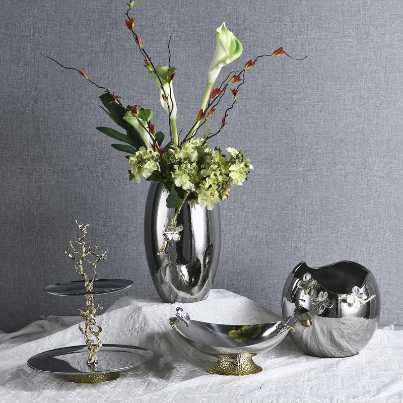 金属银色双层果盘蛋形花器装饰品样板G房客厅茶几餐桌托盘花瓶摆