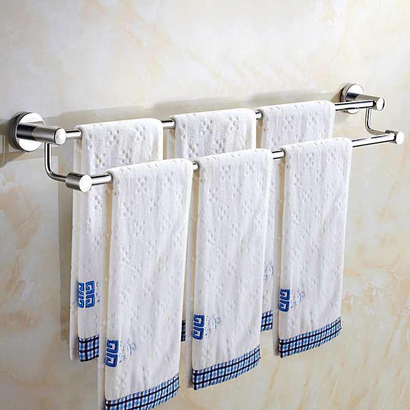 304不锈钢毛巾杆毛巾架卫生间免打孔双杆打孔浴室置物架加长挂杆