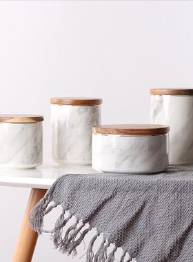 宇通斯堪的纳维亚大理石密封罐带盖陶瓷储物罐储物盒咖啡香茶糖果