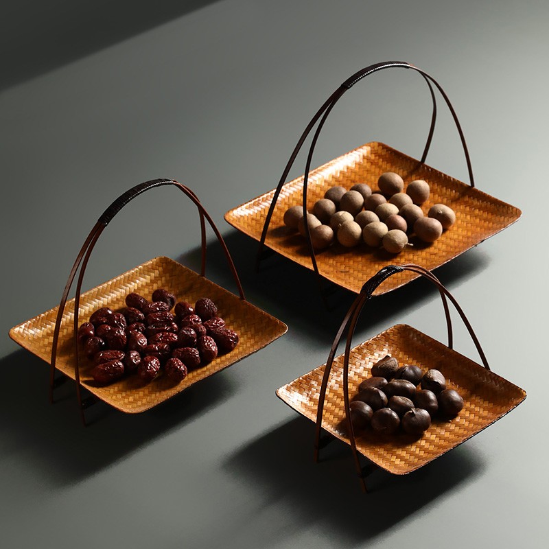 竹编手提点心盘茶点盘小竹筐筲箕馒头面包干果编织篮收纳篮子果碟