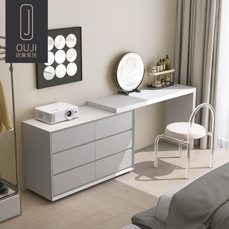 意式极简梳妆台书桌一体伸缩实木卧室电视柜收纳现代烤漆电脑斗柜