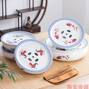 陶瓷中式 圆茶盘茶托托盘沥水盘干泡茶台简约家用 功夫储水式 嵌入式
