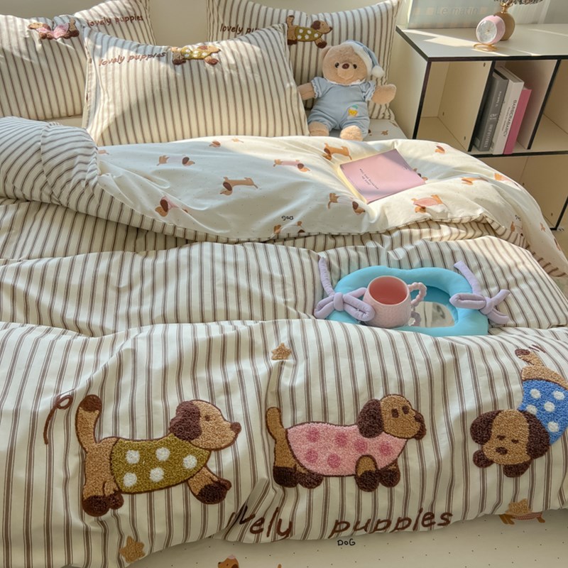 学生宿舍床上三件套卡通全棉40支毛巾绣床单O床笠款被套四件套单