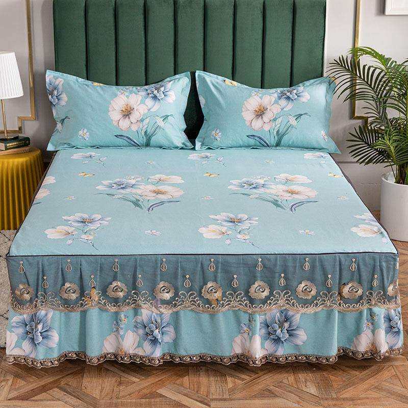 纯棉单件床裙床罩三件套花边加厚磨毛床单荷叶边枕套高品质床品