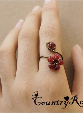 手工汉服复古风森女梅花切面珠红玛瑙F清新宫廷气质开口调节戒指