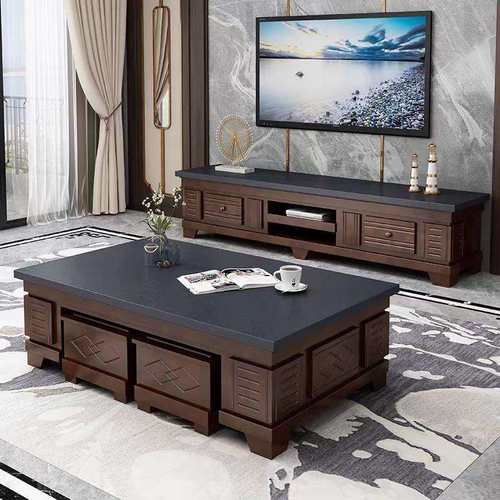 新中式实木茶几电视柜组合石面整装收纳储物适合家用办公电视柜