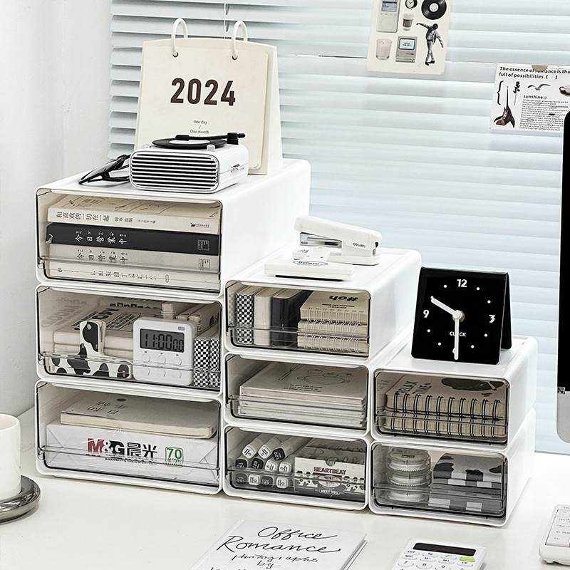 办公室桌面a4文件收纳盒透明抽屉式工位整理柜储物盒可叠加收纳柜