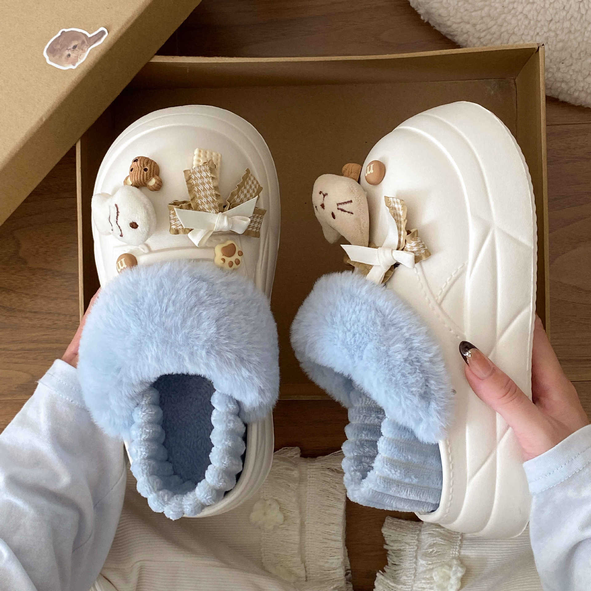 可拆卸棉拖鞋女创意猫猫鱼鱼eva厚底冬日加绒舒适保暖一脚蹬棉鞋