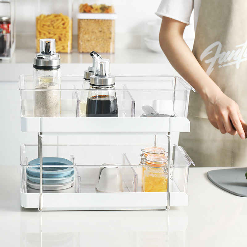 厨房双层置物架抽屉式调味瓶罐塑料整理架橱柜桌面分格透明收纳盒