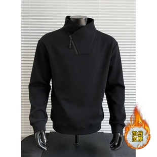 美式斜领拉链卫衣男款冬季加绒厚鱼骨纹打底衫痞帅高级感长袖T恤