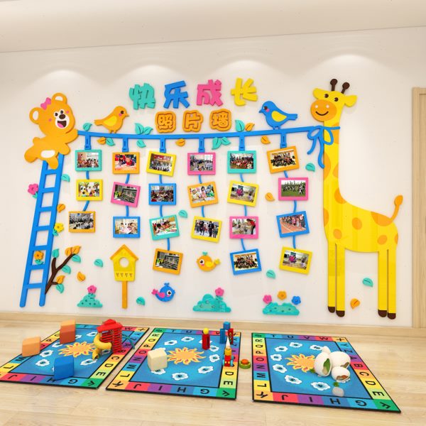 幼儿园照片墙面装饰成长相片展示卡通动物学校环创布置相框墙贴画图片