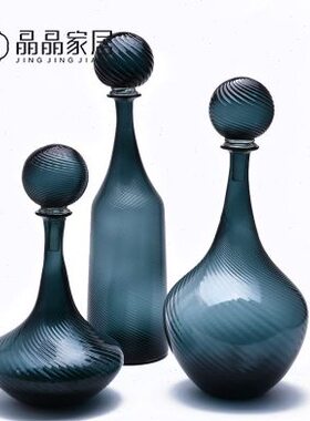 优电视玄关柜灰色艺术工艺品摆件样板房客厅玻璃花瓶美盖子书房蓝