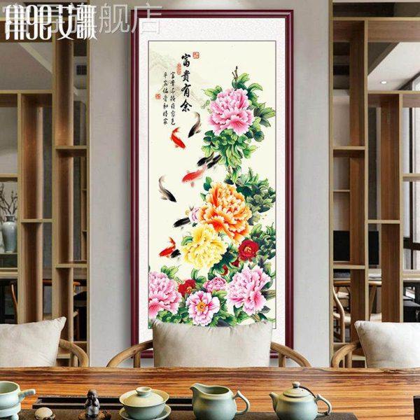 新款牡丹图花开富贵中堂画客厅国画玄关装饰画竖版中式花鸟图壁画