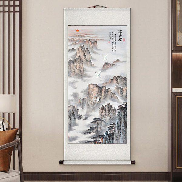 迎客松挂画卷轴山水画竖版新中式玄关装饰画正对门国画茶室壁画