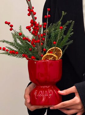 红色财玄关乔迁果年新装饰品摆件花束陶瓷花瓶之新布置喜发客厅家