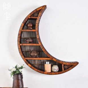弯月形挂墙式博古架墙上多宝阁竹制壁挂茶具收纳架悬挂禅意茶空间