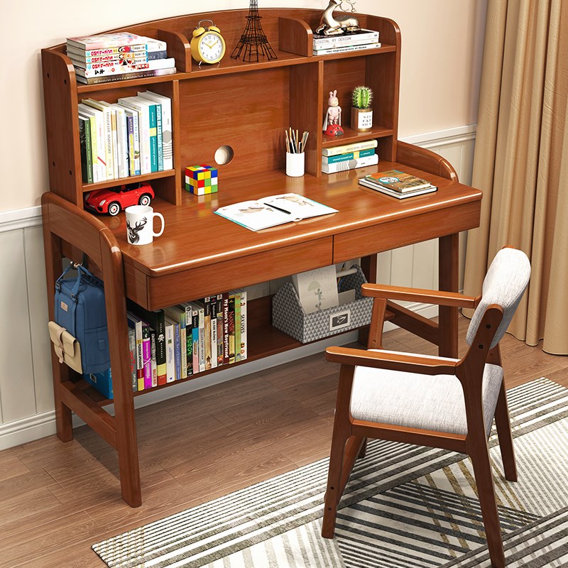 实木电脑桌书桌书架一体桌学生家用卧室儿童学习桌中小学生写字桌