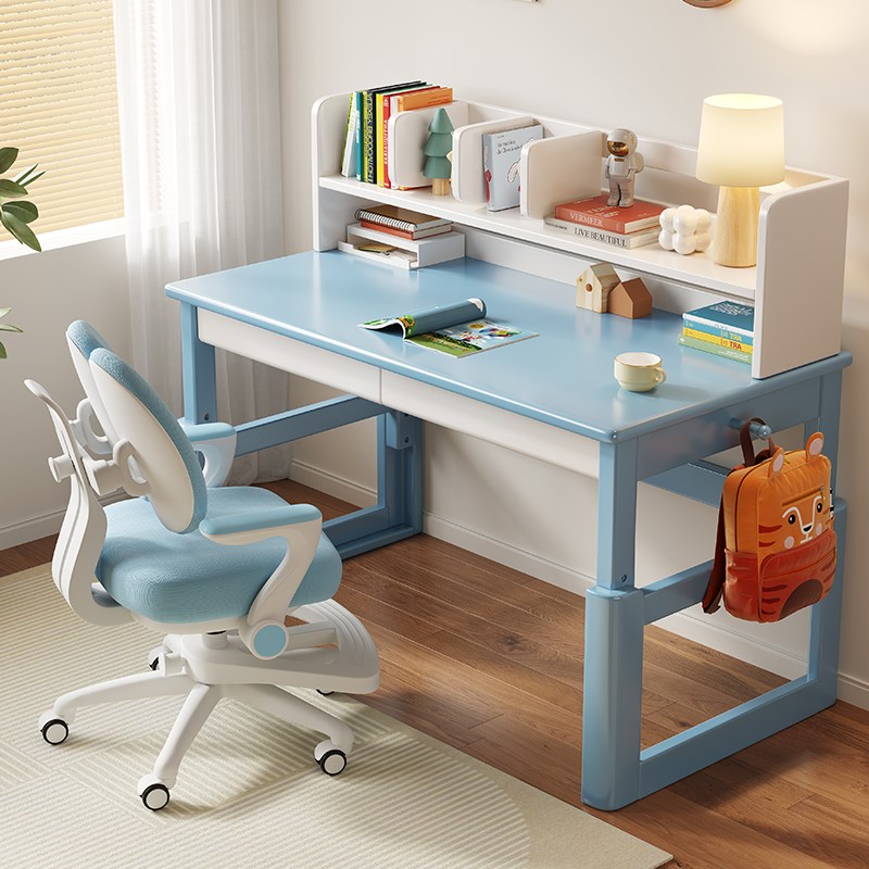 全实木儿童学习桌书架一体可升降书桌家用卧室小学生写字桌椅套装
