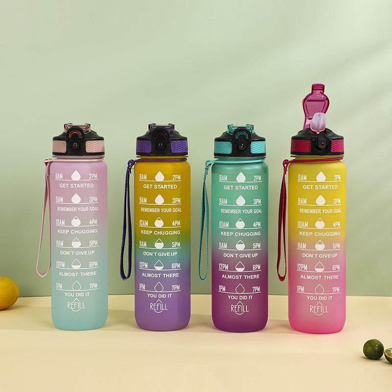 运动水壶亚马逊现货塑料水杯大容量1L户外渐变吸管太空杯水瓶